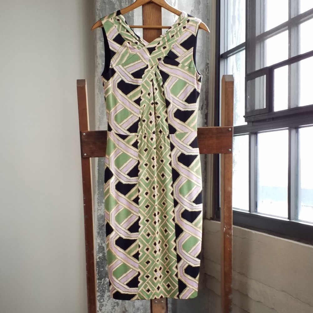 KAY UNGER Silk Geometric Green Purple Black Print Sleeveless Midi Dress, Size 8